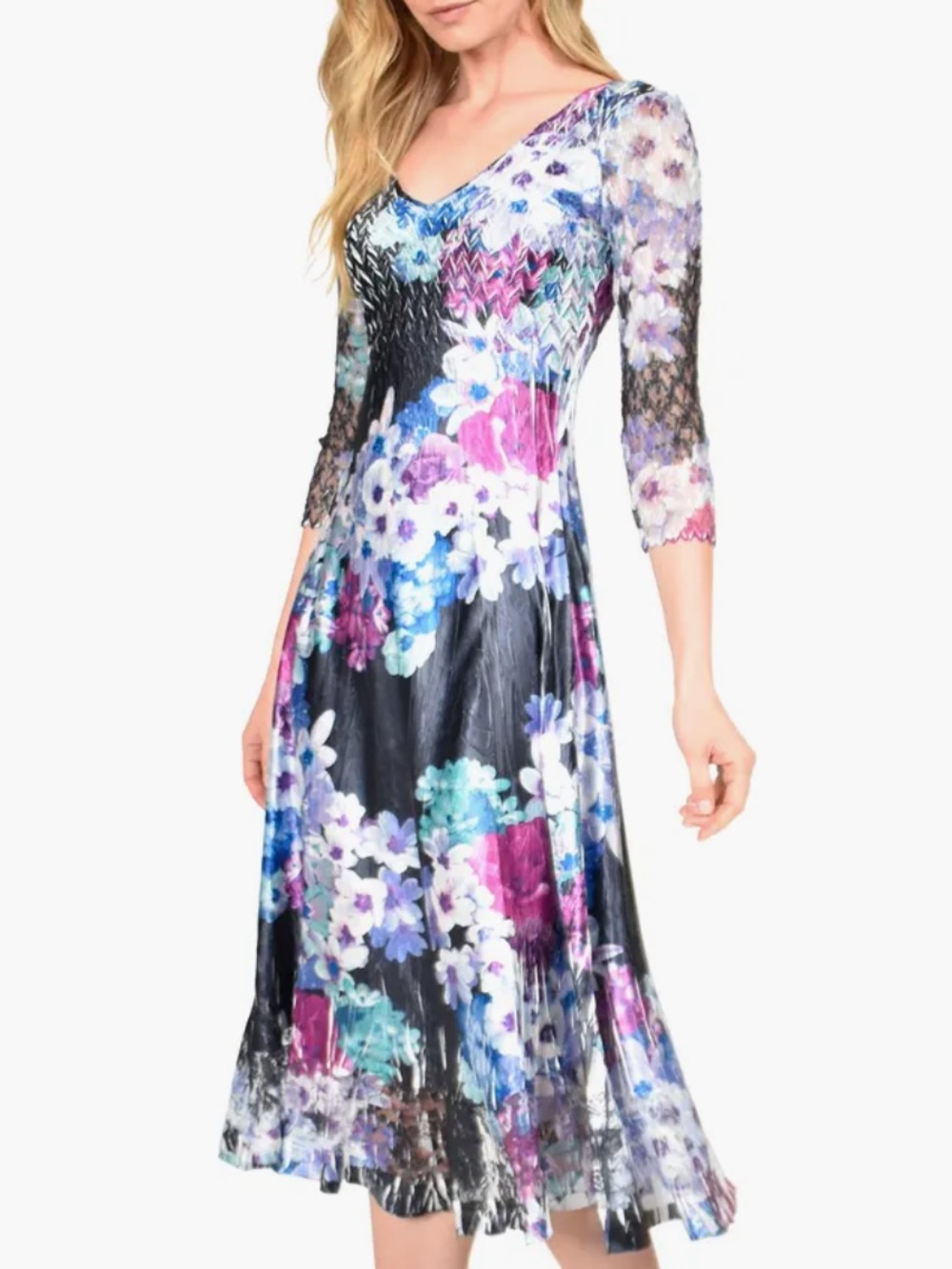 NWT Floral Charmeuse & Chiffon Midi Dress Black